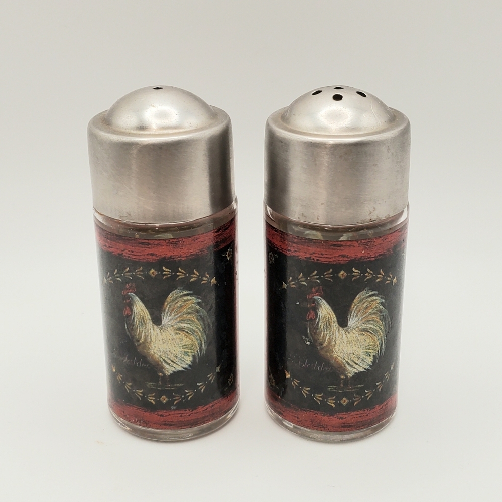 Vintage Le Cox Salt And Pepper Shakers Black Chrome Rooster Chicken Cottagecore